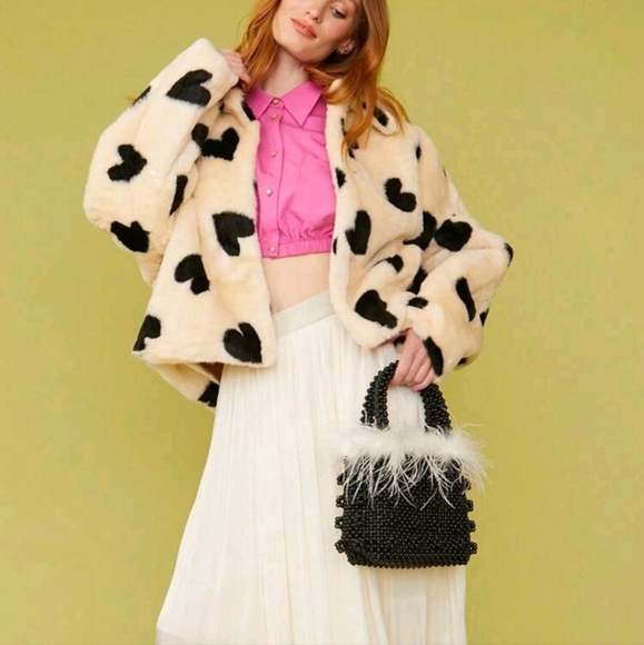 1pc Women Fluffy Heart Decorated Casual Fluffy Jacket - Picture 2 of 3